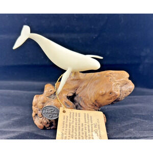 1985 John Perry Studio White Fin Whale Sculpture Figurine Mounted w/tag VTG